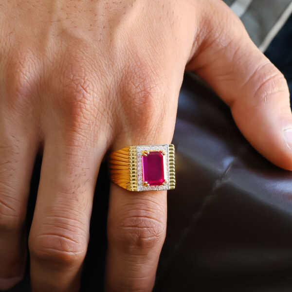 Unique Pink Stone Gold Gents Ring - Image 6