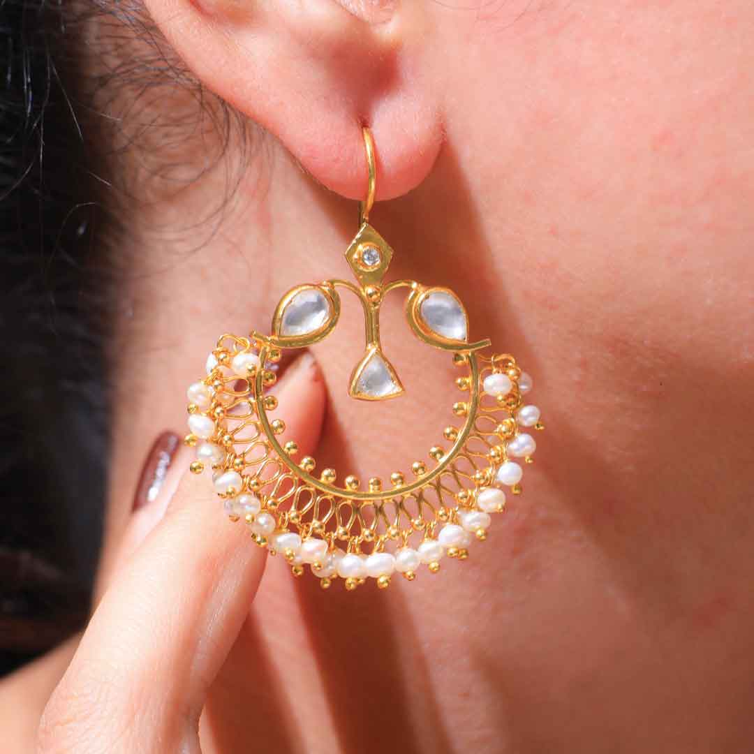 Pearl Crescent Kundan Earrings