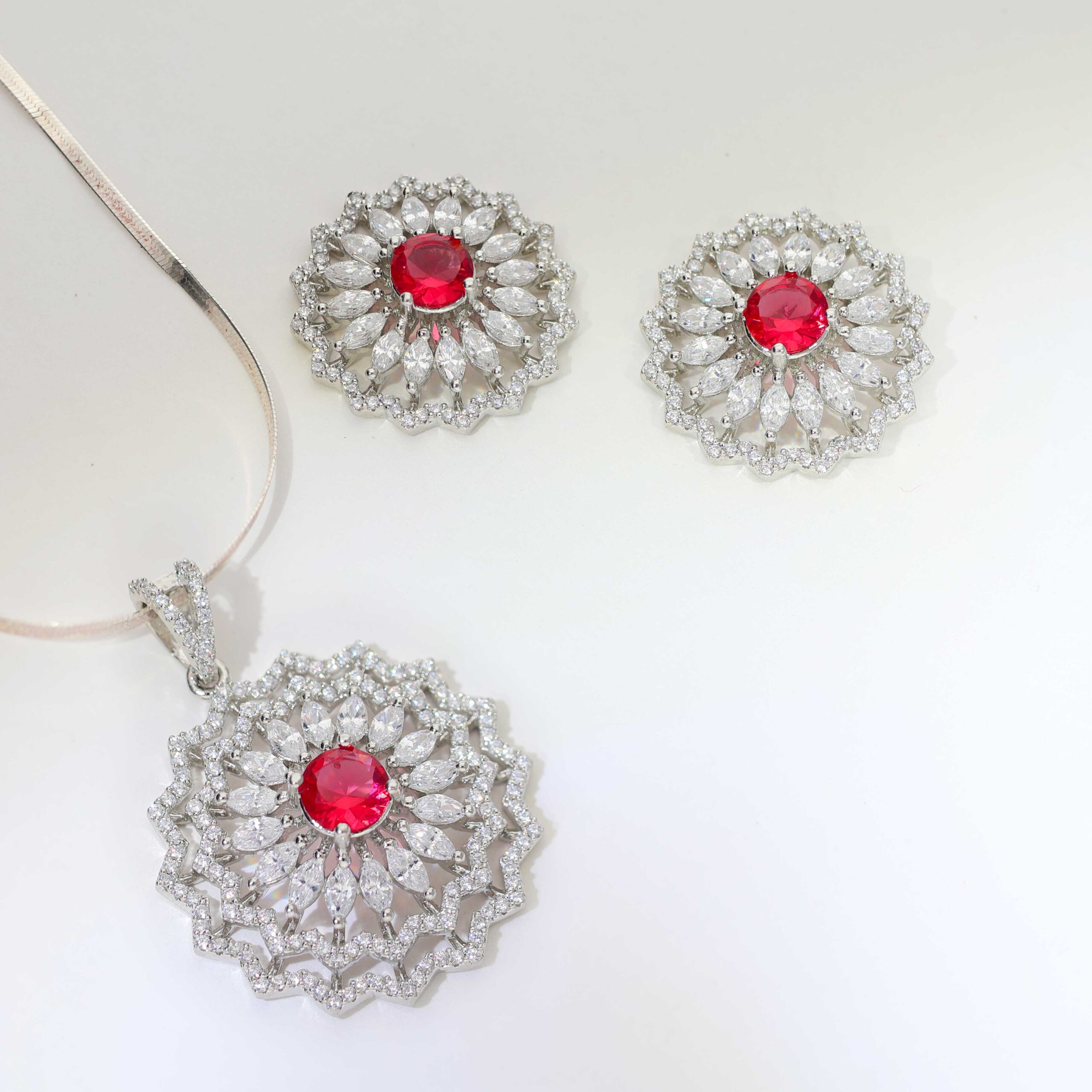 Ruby ZigZag Halo Pendant Set/ Without Chain - Image 2