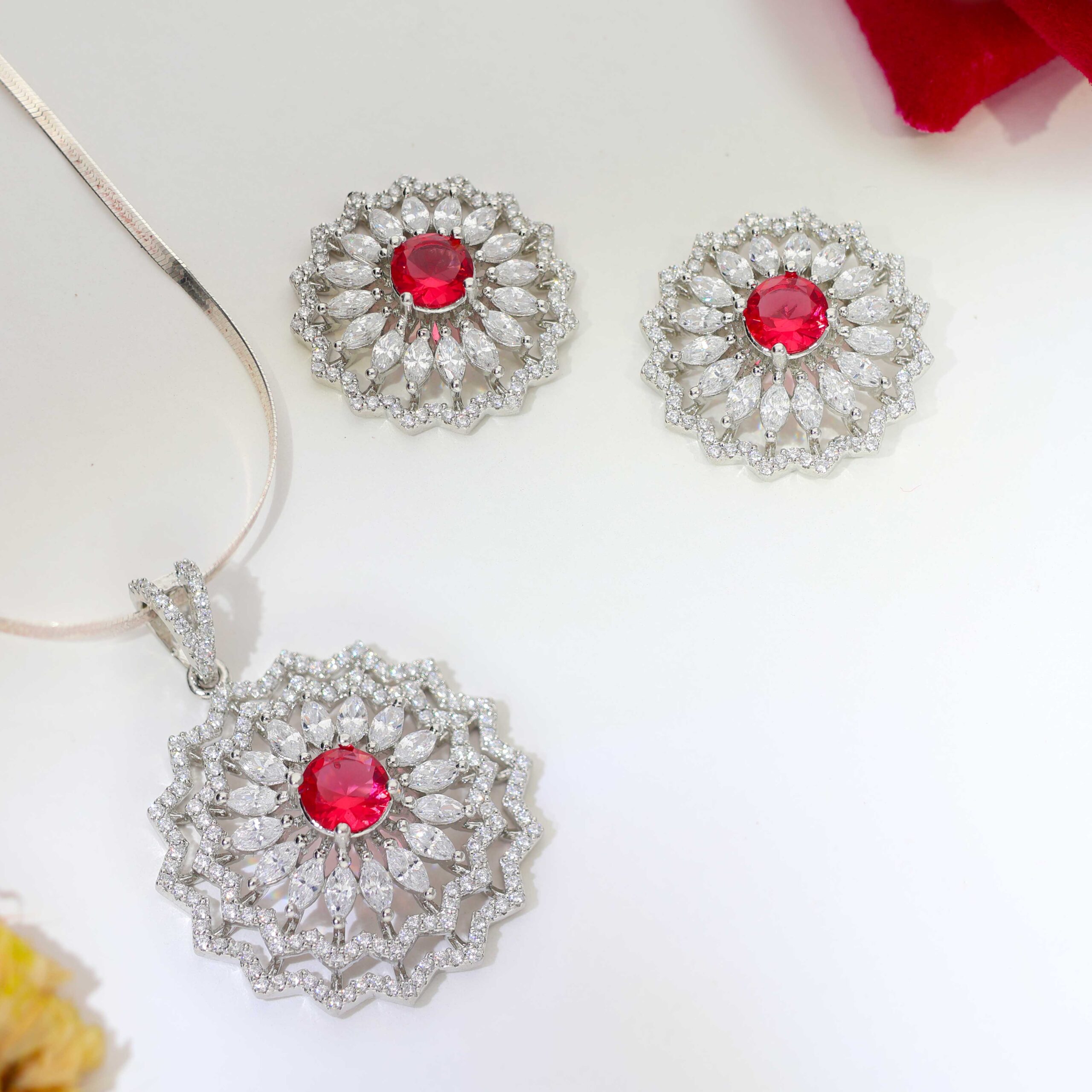 Ruby ZigZag Halo Pendant Set/ Without Chain - Image 5