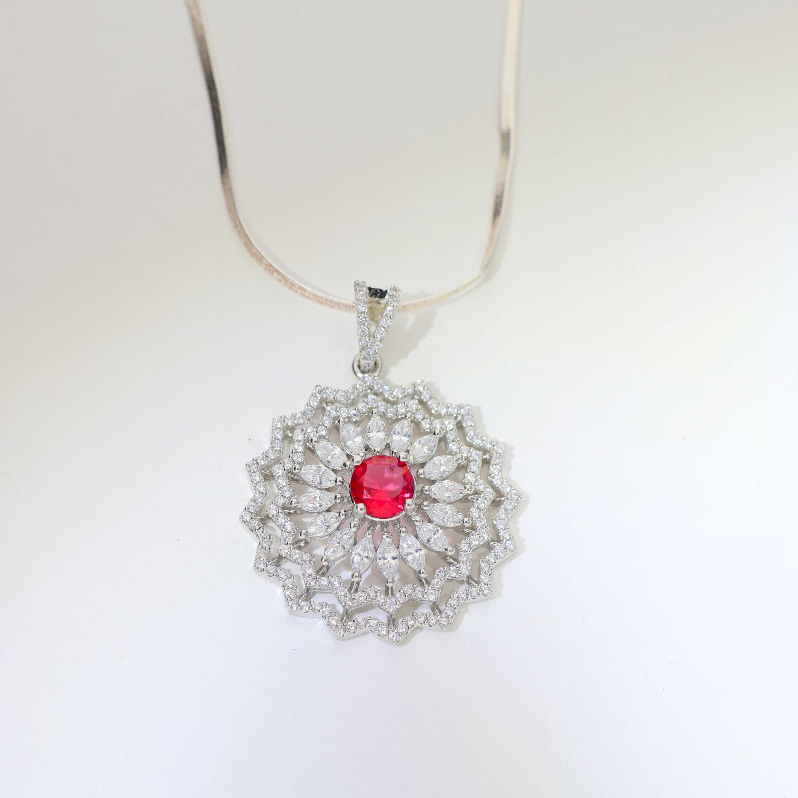 Ruby ZigZag Halo Pendant Set/ Without Chain - Image 3