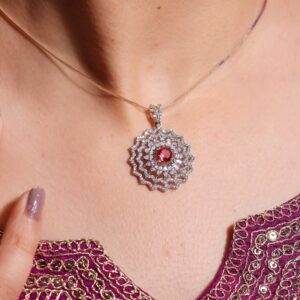 Ruby ZigZag Halo Pendant Set/ Without Chain