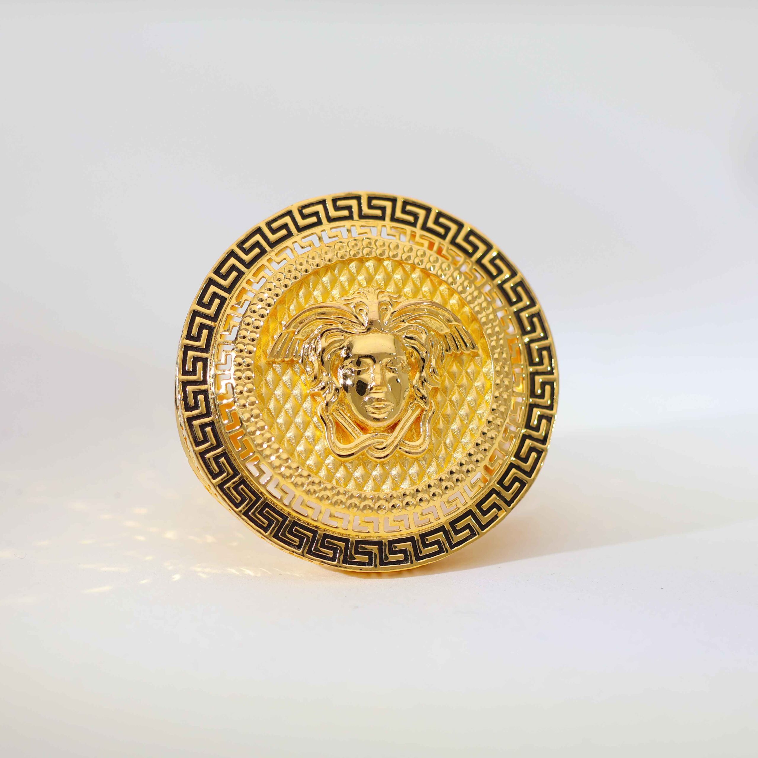 Greek Lion Face gents gold ring