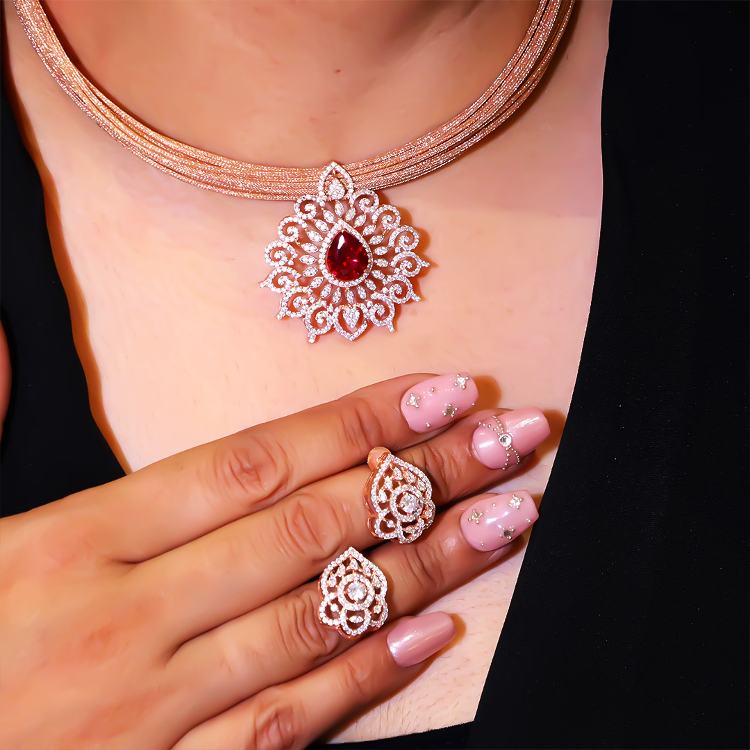 Rose Velvet Ruby Ladies Necklace Set