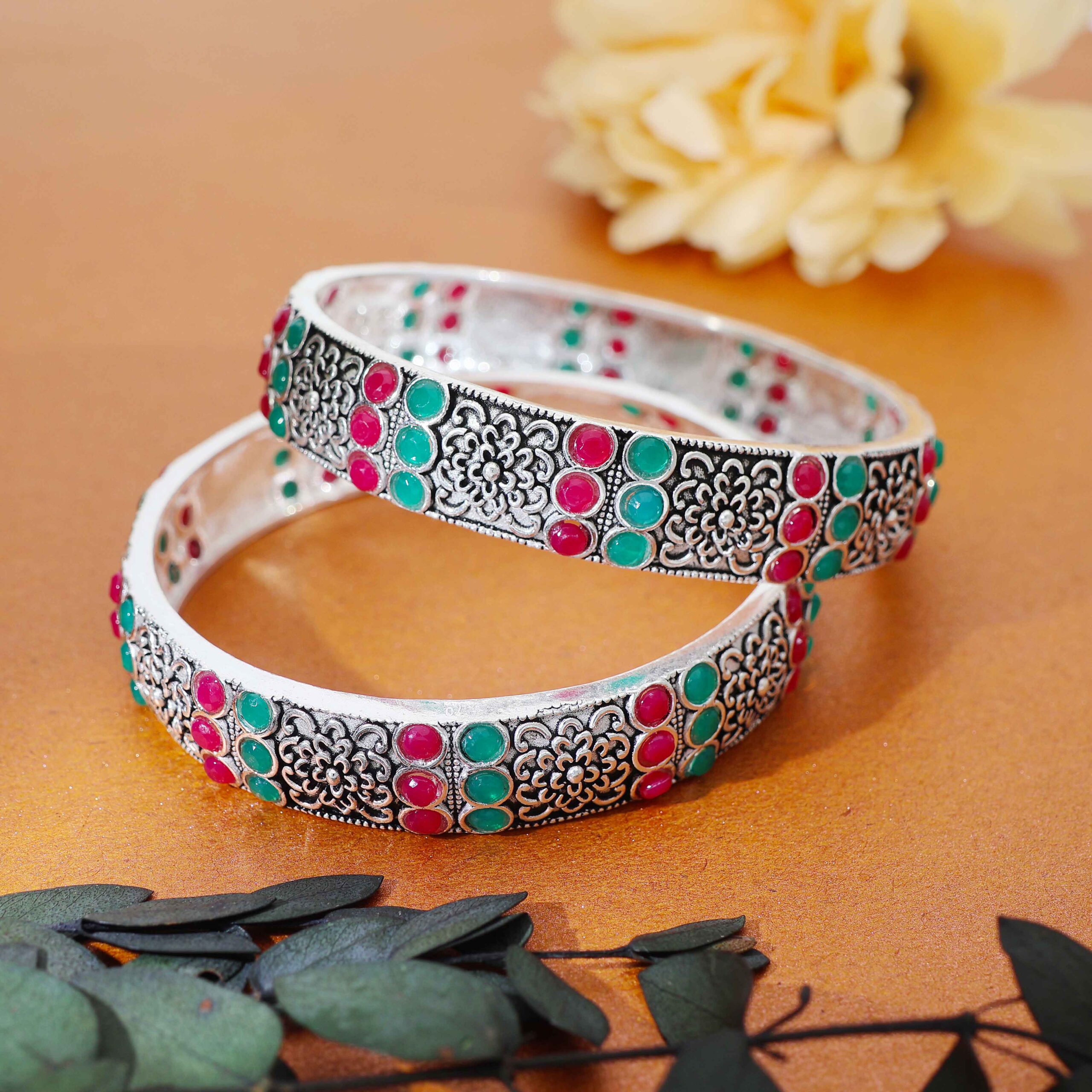 Rangoli Flower Silver Ladies Bangles - Image 6
