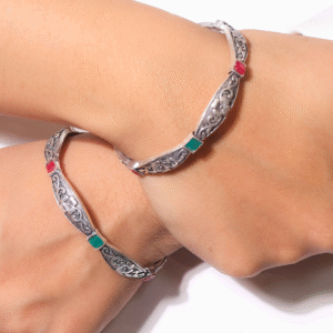 Floral Square Stone Silver Ladies Bangles