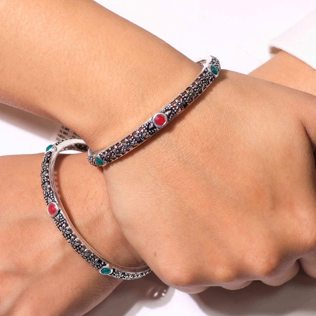 Floral Harmony Silver Ladies Bangles