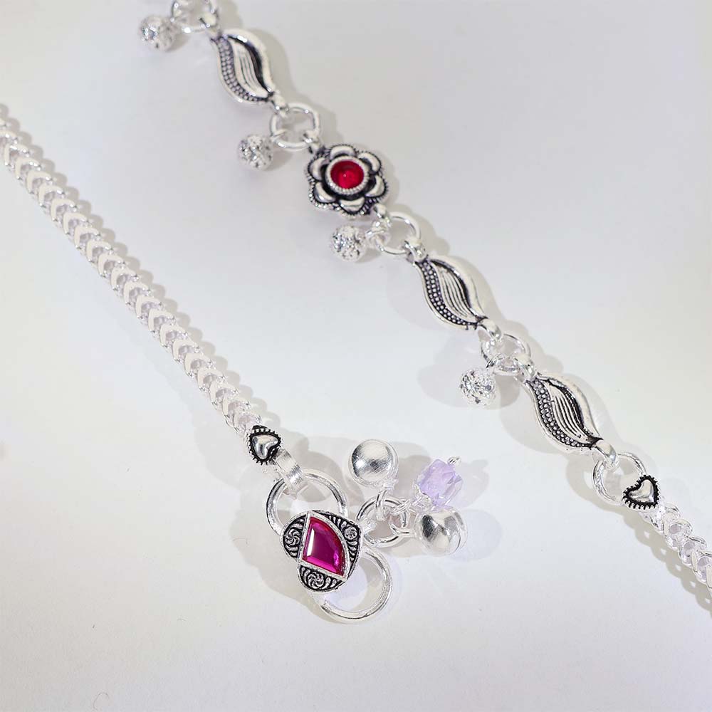 Ruby Flower Silver Anklets - Image 4