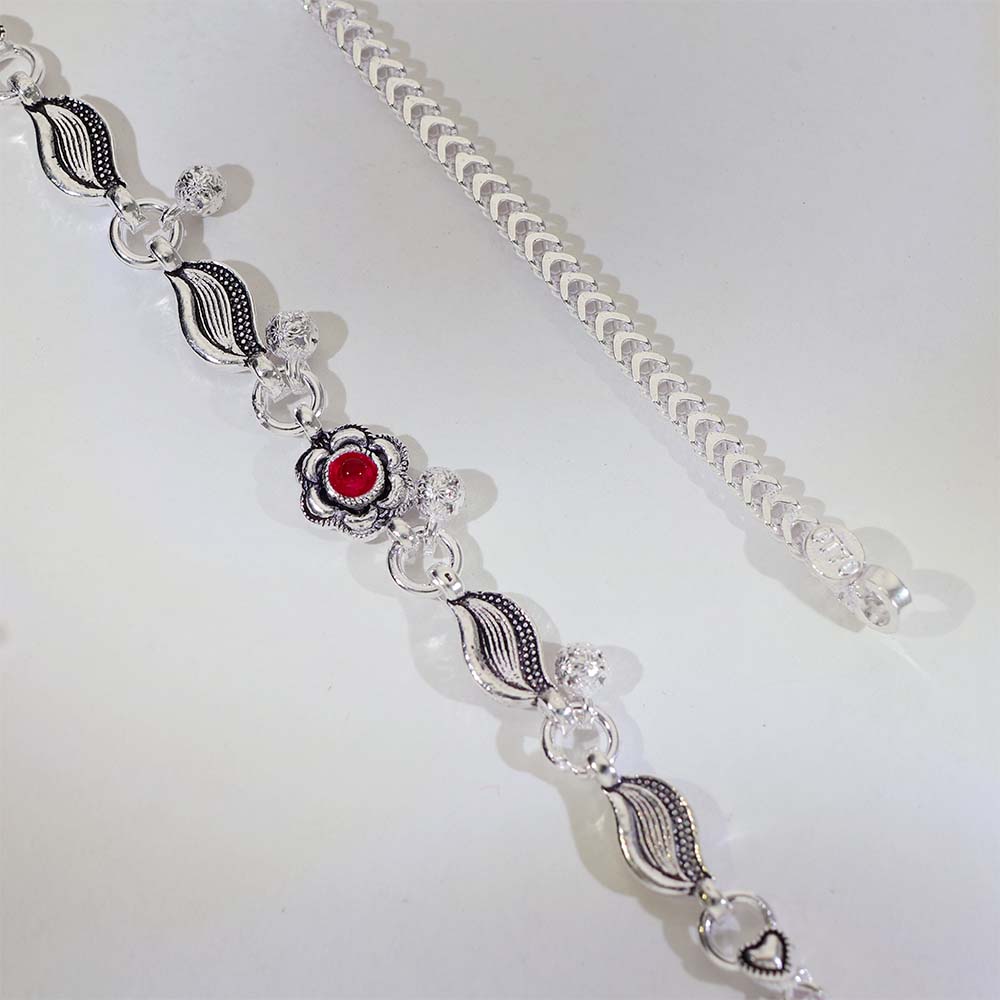 Ruby Flower Silver Anklets - Image 3