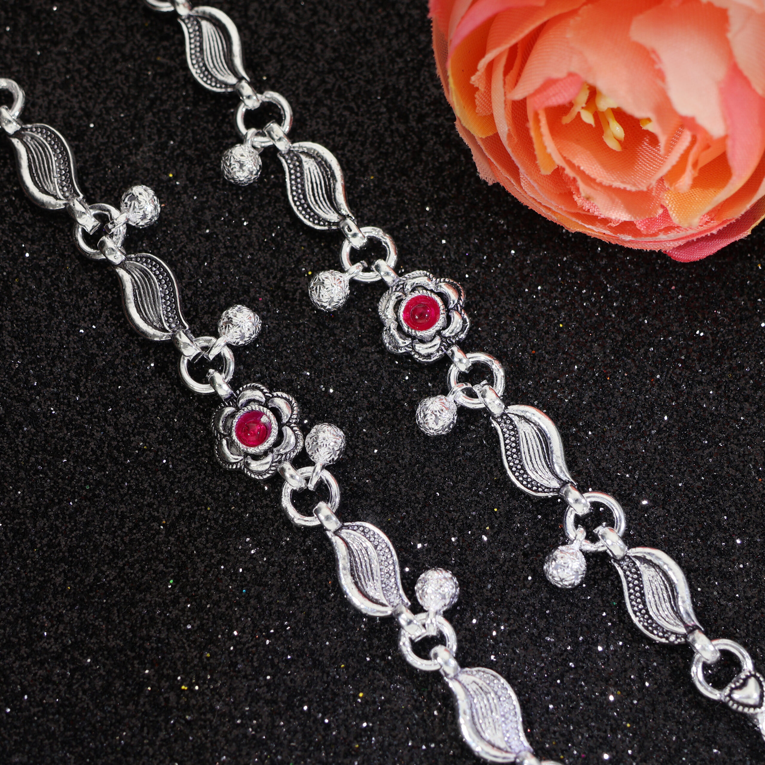 Ruby Flower Silver Anklets - Image 7