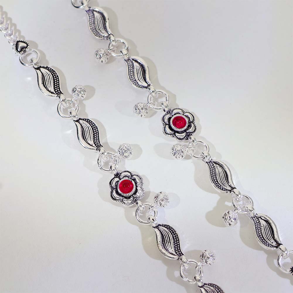 Ruby Flower Silver Anklets - Image 2
