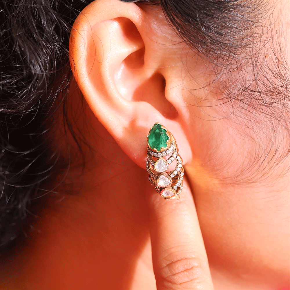 Emerald Crown Kundan Drop Earrings