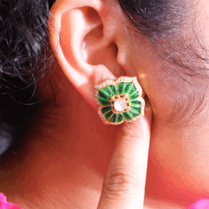 Royal Green Bloom Kundan Stud Earrings
