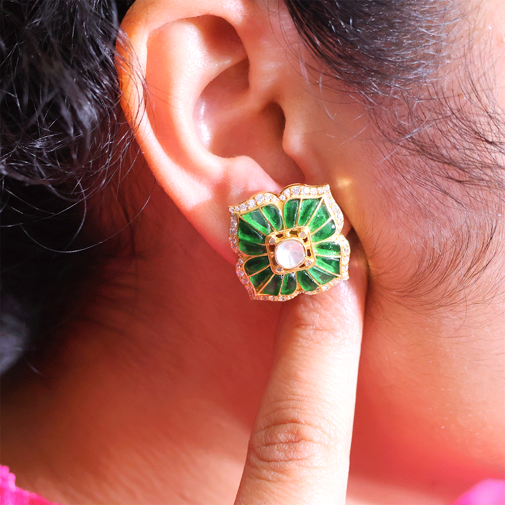 Royal Green Bloom Kundan Stud Earrings