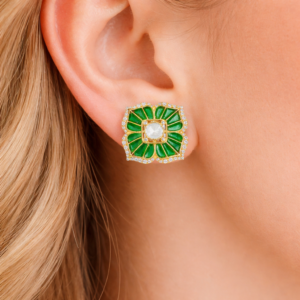Royal Green Bloom Kundan Stud Earrings