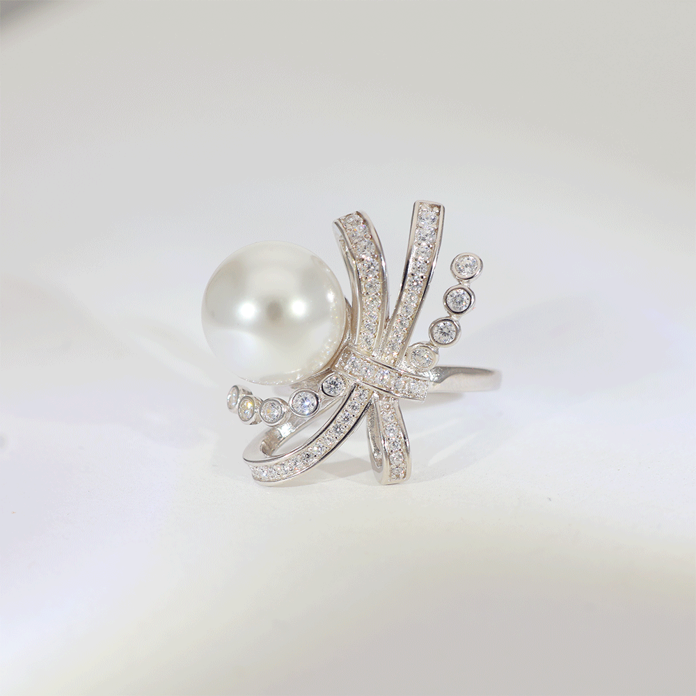 Pearl Ribbon Glow Ladies Silver Ring - Image 2