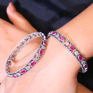 Ruby Dewdrop Silver Kada Bangles