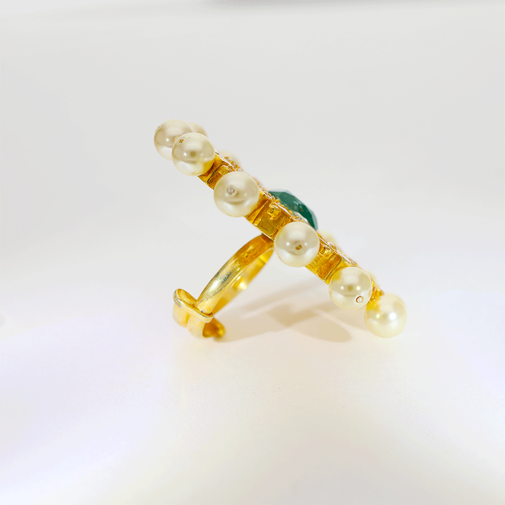Emerald Pearl Bloom Kundan Ring - Image 2