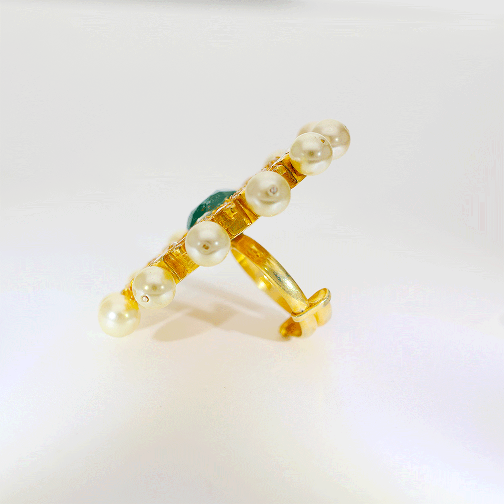 Emerald Pearl Bloom Kundan Ring - Image 3