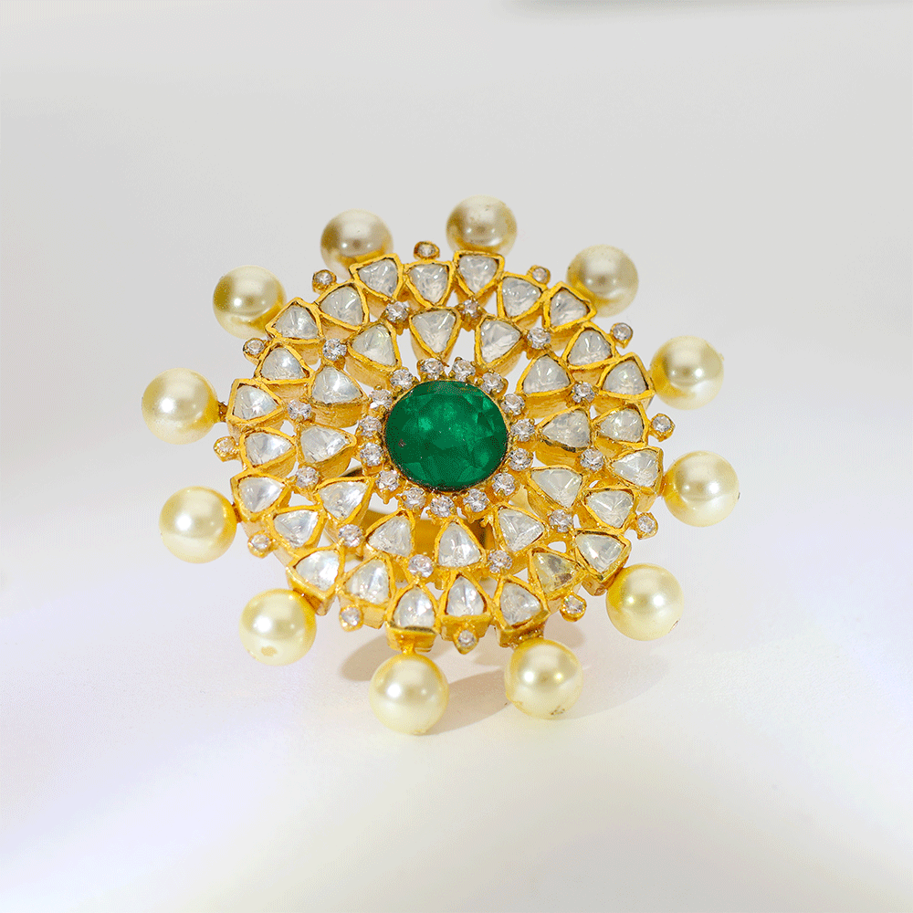Emerald Pearl Bloom Kundan Ring