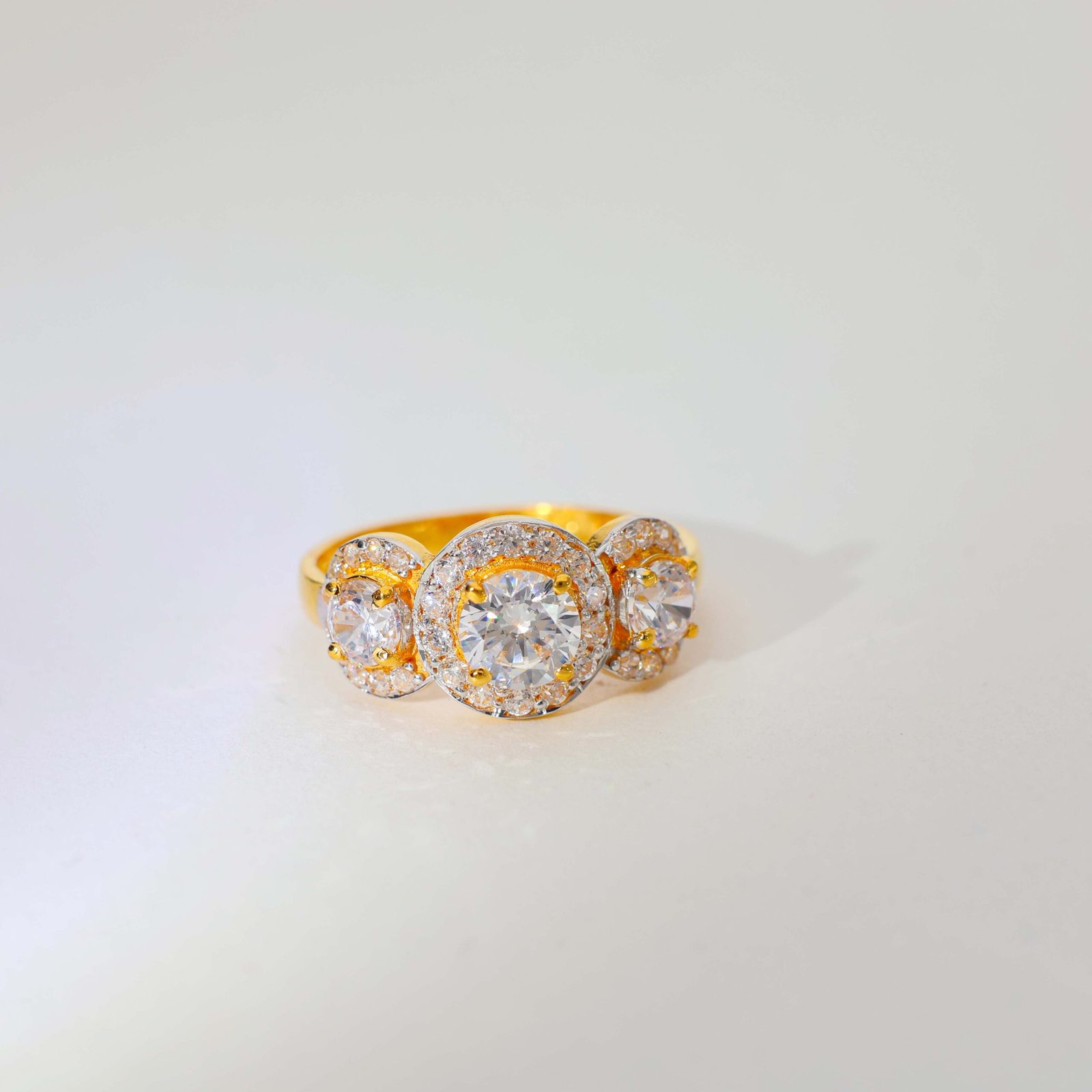 Triple Shine Halo Gold Ladies Stone Rings