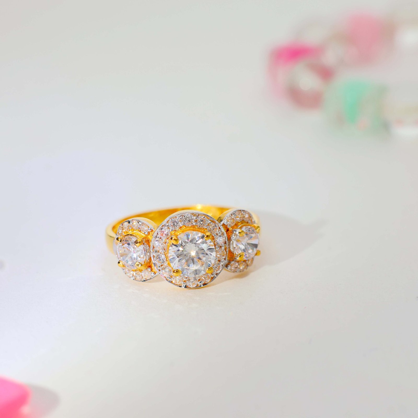 Triple Shine Halo Gold Ladies Stone Rings - Image 4