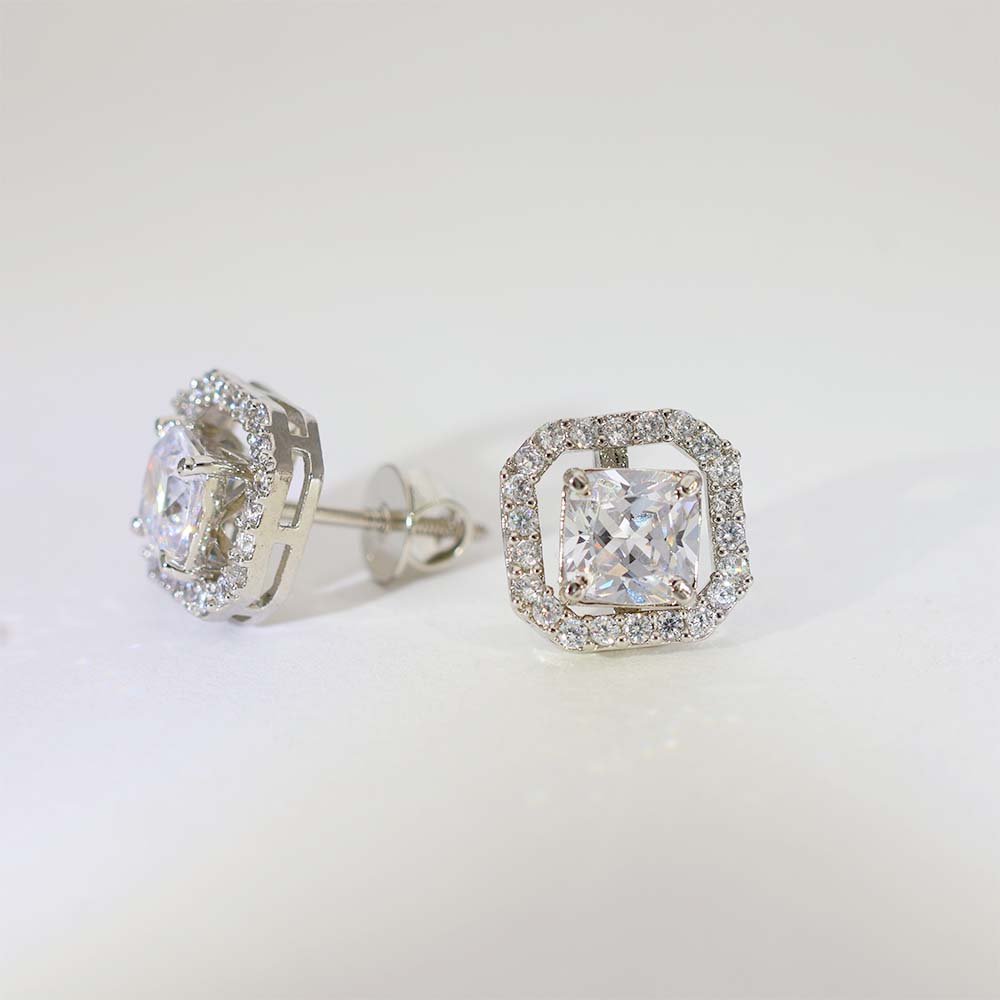 Princess Square Diamond Stud Earrings - Image 3