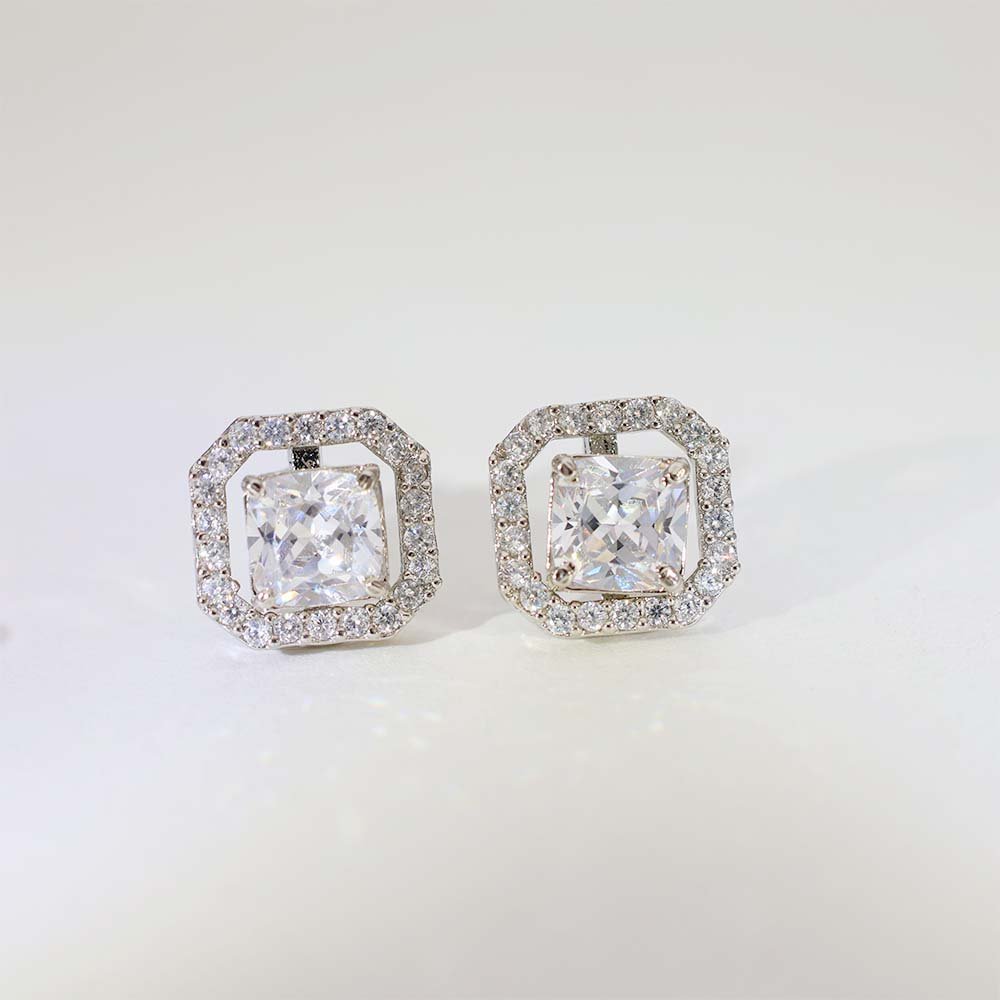 Princess Square Diamond Stud Earrings - Image 2